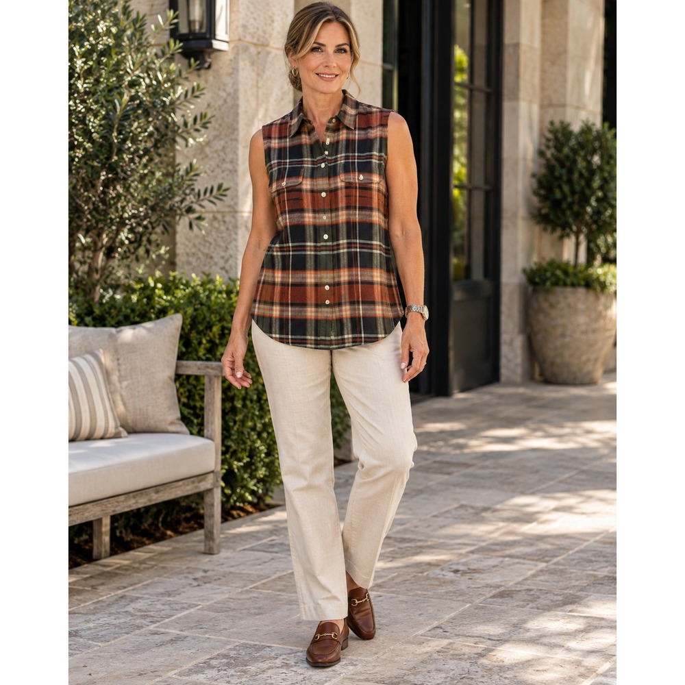 Lauren Ralph Lauren Womens Large Linen Sleeveless Plaid Button Down Shirt Rust